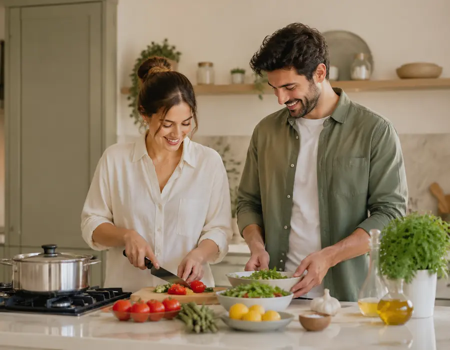 Birlikte yemek hazırlayan yeni evli çift